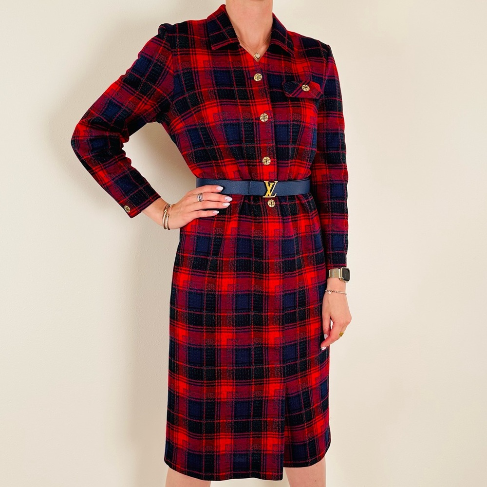 Vintage Ladies Pride checked plaid long sleeve half buttoned shirt midi dress